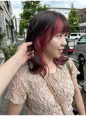 ケアブリーチインナーカラーピンクレッド外はね鎖骨ボブレイヤー