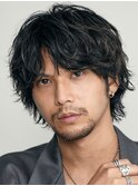 大分無造作シャドウパーマメンズカットミディアムロングウルフ