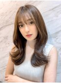 〇韓国前髪くびれ巻きヨシンモリピンクベージュシースルーバング
