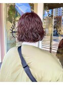 レッドブラウンカラー　ミニボブパーマ　なみなみパーマ