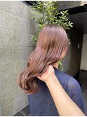 オレンジピンク/艶カラー/巻き髪ヘア