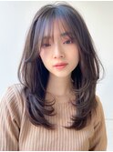 ワンカールレイヤーロング小顔前髪パーマ黒髪グレーベージュ