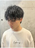 20代サーフカール波巻きパーマツーブロックマッシュウルフ黒髪