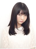 ミディアム　ストレート 毛先パーマ　黒髪カタログ　小顔ヘア
