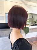 【白石】ブリーチなしダブルカラーワインレッド赤髪暖色ボブ