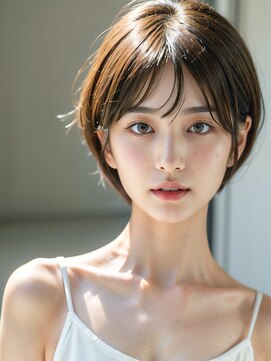 ムウ 難波(MOU) ショートカットボブルフ黒髪ネビージュ小顔ワンレン20代30代40代