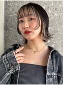 フェイスフレーミングインナーカラーボブ長めグレージュ黒髪30代
