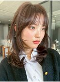 前髪カットミディアムウルフレイヤー韓国ヘア_F1379