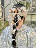 編み下ろしリボンアレンジ 和装ヘア 水引き×お花