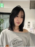 ミディアムレイヤーくびれボブヘーゼルグレージュオリーブグレー