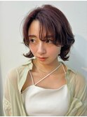 ボブ パーマ 顔まわりレイヤー レイヤー チェリーブラウン