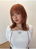 ミディアムレイヤー顔周りレイヤーウルフオレンジベージュ