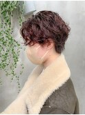ハンサムショート、ニュアンスパーマ、ピンクブラウン