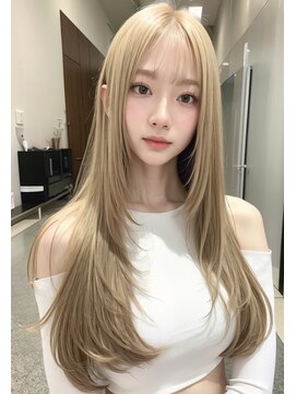 ムウ 難波(MOU) レイヤーロングボブルフ黒髪ネビージュ小顔ワンレン