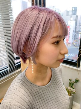 テトヘアー(teto hair) ブリーチカラー、ピンクベージュ、ピンクパープル、前下がり