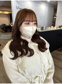 オレンジブラウン/顔まわりカット/ウェーブ巻き/簡単アレンジ