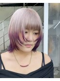 ボブウルフハイトーンホワイトベージュパープルエンドカラー