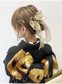 卒業式ヘア成人式ヘア 振袖 袴 ラメ 金箔 水引き シニヨンK0828