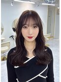 フルバングチョコレートブラウン前髪くびれミディウェーブヘア