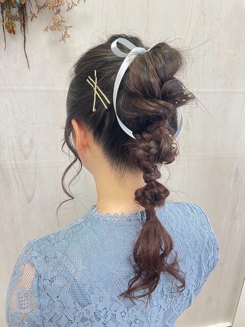 ブリーチなしカラーヘアセットポニー編み込みねじり大人可愛い