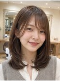 ミディアム_ローレイヤー_流し前髪_シナモンブラウン