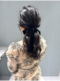 ポニーテールアレンジ/結婚式ヘア/お呼ばれヘア/ベロアリボン