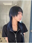 ブルーカラーインナーカラーロングウルフハイトーンぱっつん前髪