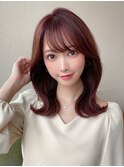 デジタルパーマ韓国くびれヘアミディアムチェリーブラウン