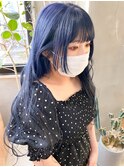 ネイビーカラー青髪ブルーカラー姫カットロングウェーブブリーチ