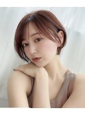 丸みショートボブ/ピンクブラウン/透明感カラー/縮毛矯正