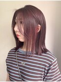 ピンクカラー赤髪ワインレッドブリーチなしダブルカラー長めボブ