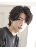 メンズダークアッシュニュアンスパーマ韓国マッシュウルフカット