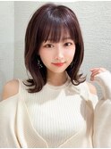 ミニウルフ前髪パーマ韓国くびれミディアムチェリーブラウン