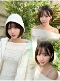 20代30代40代◎前髪パーマ韓国風巻きくすみベージュお団子ヘア