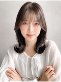 モテ髪セミディ斜めバングチェリーブラウン似合わせカット
