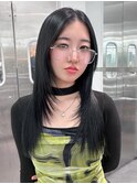 おくれ毛顔周りレイヤー韓国ヘアロング_F30579