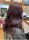 ブリーチなしワインレッドカラーロングウェーブヘア艶髪ボルドー