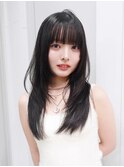 顔周りレイヤーロング前髪カット黒髪ウルフレイヤー_F31174