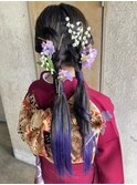 ヘアアレンジセットツインポニータイト成人式前撮り着物生花