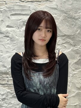 ラ ミューズ ヘアー(La mju：z hair) ワインレッド×ワンレングスレイヤーカット(a)