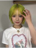 ミントグリーン　イエローカラー　ショートボブ