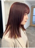 チェリーレッド暖色カラー＊ブリーチなしカラーストレートヘア