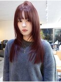 韓国風ボルドーカラー顔周りレイヤーカット透明感チェリーブラウ