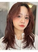 韓国風ミディアムレイヤー/ピンクブラウン/20代30代40代