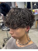 渋谷シャドウパーマメンズマッシュウルフセンターパートカット