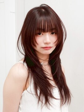 顔周りレイヤー暗めカラーロング韓国ヘア_F21079