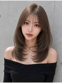 レイヤーミディアムヘーゼルベージュシースルーバング顔周り