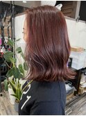 大人可愛い外ハネミディバーガンディーツヤ髪前髪なし20代30代