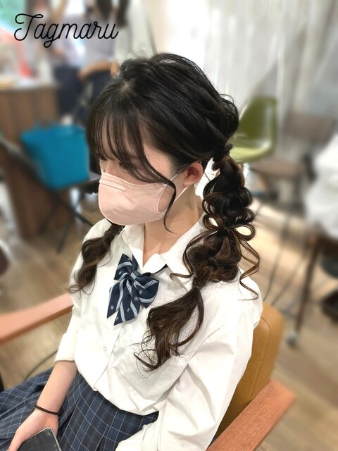 高校生ヘアセット☆たまねぎツインのリボン☆