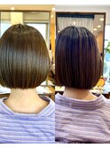 ボブ/藤枝/クロスパーマ/前髪ストレート/ハイライトカラー/デ